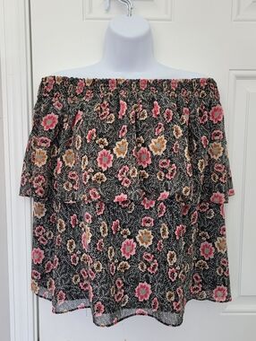 Rebecca Minkoff Black Floral Tiered Off The Shoulder Blouse Flowy Size Small